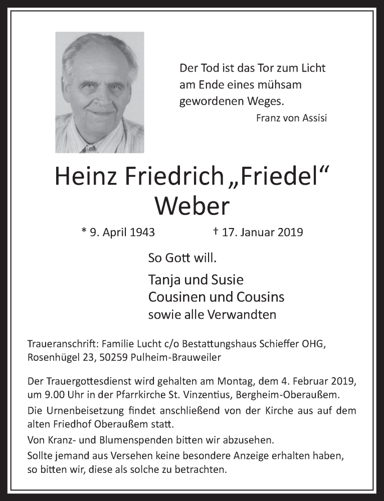  Traueranzeige für Heinz Friedrich Weber vom 30.01.2019 aus  Werbepost 