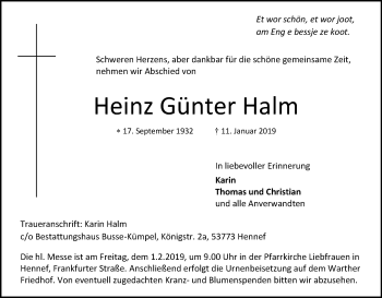Anzeige von Heinz Günter Halm von Kölner Stadt-Anzeiger / Kölnische Rundschau / Express