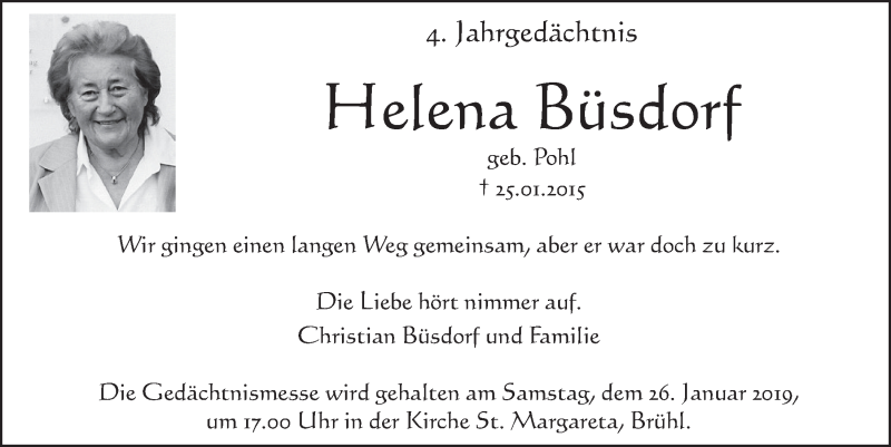  Traueranzeige für Helena Büsdorf vom 16.01.2019 aus  Schlossbote/Werbekurier 