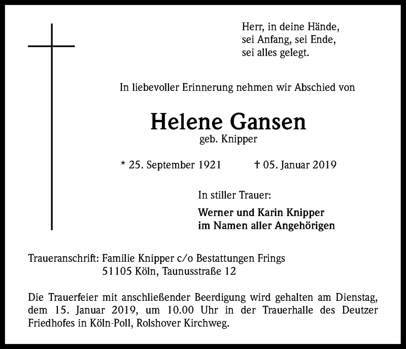  Traueranzeige für Helene Gansen vom 11.01.2019 aus Kölner Stadt-Anzeiger / Kölnische Rundschau / Express