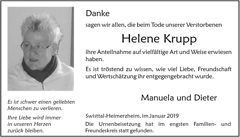  Traueranzeige für Helene Krupp vom 30.01.2019 aus  Schaufenster/Blickpunkt 