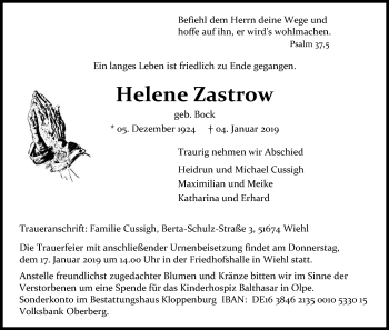 Anzeige von Helene Zastrow von Kölner Stadt-Anzeiger / Kölnische Rundschau / Express
