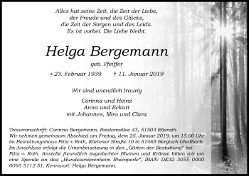 Anzeige von Helga Bergemann von Kölner Stadt-Anzeiger / Kölnische Rundschau / Express