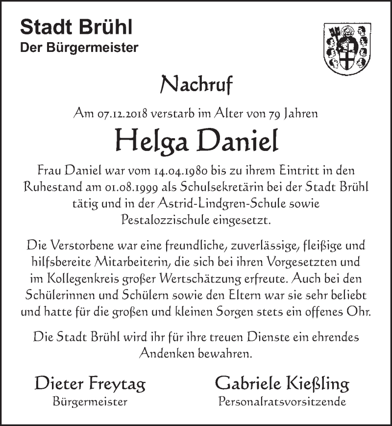  Traueranzeige für Helga Daniel vom 02.01.2019 aus  Schlossbote/Werbekurier 