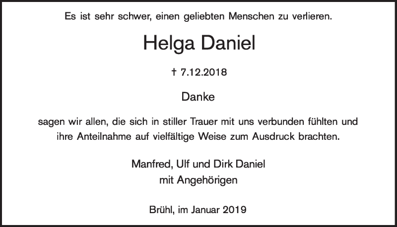 Traueranzeige für Helga Daniel vom 09.01.2019 aus  Schlossbote/Werbekurier 