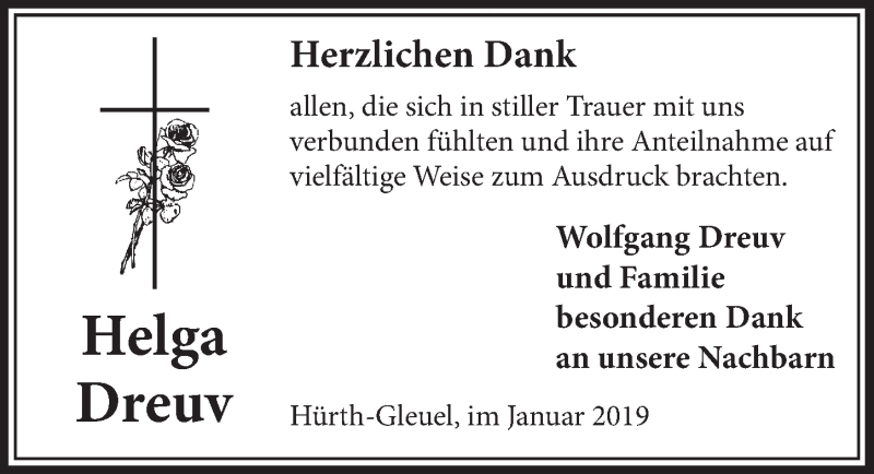  Traueranzeige für Helga Dreuv vom 19.01.2019 aus  Sonntags-Post 