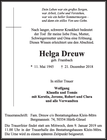 Anzeige von Helga Dreuw von  Sonntags-Post 