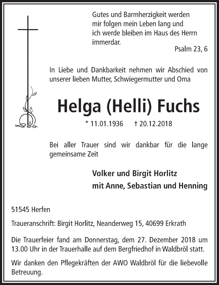  Traueranzeige für Helga Fuchs vom 02.01.2019 aus  Lokalanzeiger 