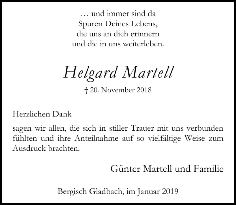  Traueranzeige für Helgard Martell vom 02.01.2019 aus  Bergisches Handelsblatt 