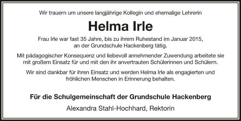  Traueranzeige für Helma Irle vom 23.01.2019 aus  Anzeigen Echo 