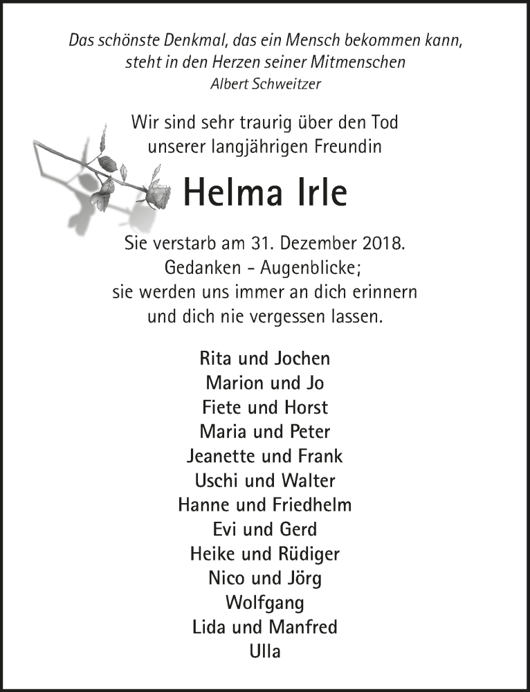  Traueranzeige für Helma Irle vom 23.01.2019 aus  Anzeigen Echo 