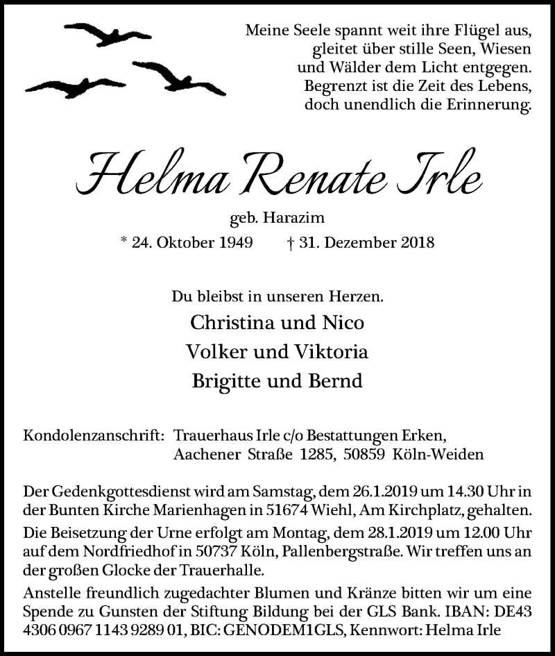  Traueranzeige für Helma Renate Irle vom 23.01.2019 aus Kölner Stadt-Anzeiger / Kölnische Rundschau / Express