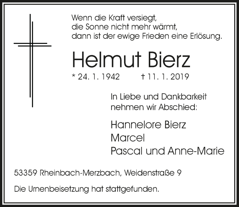  Traueranzeige für Helmut Bierz vom 23.01.2019 aus  Schaufenster/Blickpunkt 