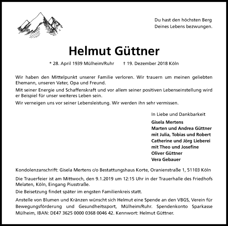 Traueranzeige für Helmut Güttner vom 05.01.2019 aus Kölner Stadt-Anzeiger / Kölnische Rundschau / Express
