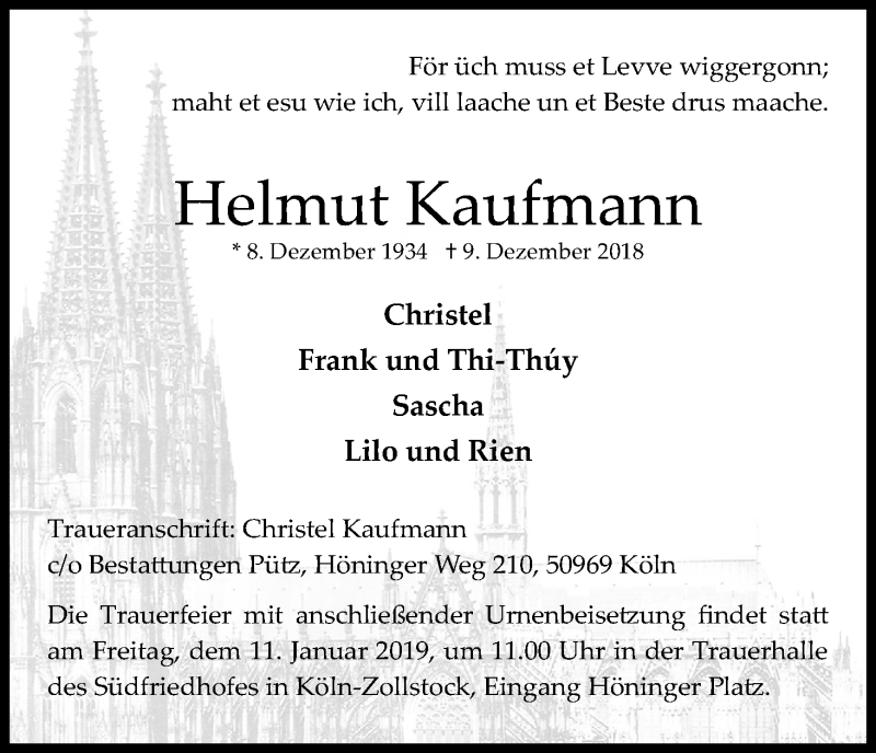  Traueranzeige für Helmut Kaufmann vom 05.01.2019 aus Kölner Stadt-Anzeiger / Kölnische Rundschau / Express