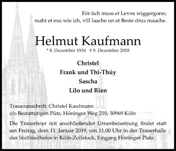 Anzeige von Helmut Kaufmann von Kölner Stadt-Anzeiger / Kölnische Rundschau / Express