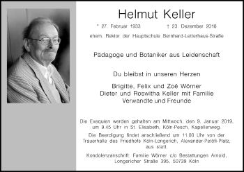 Anzeige von Helmut Keller von Kölner Stadt-Anzeiger / Kölnische Rundschau / Express