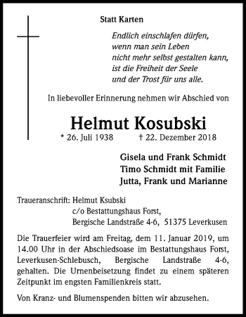 Anzeige von Helmut Kosubski von Kölner Stadt-Anzeiger / Kölnische Rundschau / Express