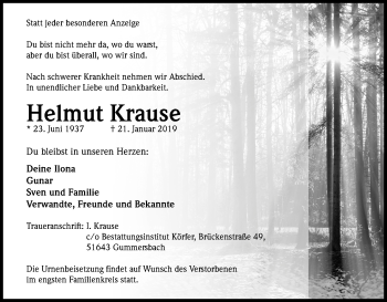 Anzeige von Helmut Krause von Kölner Stadt-Anzeiger / Kölnische Rundschau / Express