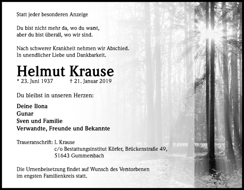  Traueranzeige für Helmut Krause vom 26.01.2019 aus Kölner Stadt-Anzeiger / Kölnische Rundschau / Express