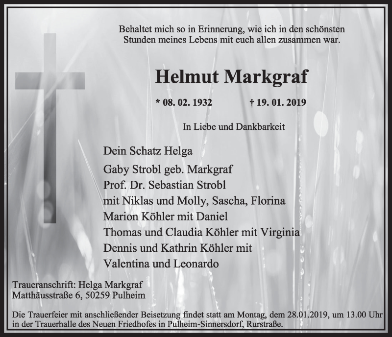  Traueranzeige für Helmut Markgraf vom 26.01.2019 aus  Sonntags-Post 