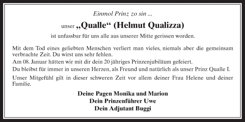  Traueranzeige für Helmut Qualizza vom 09.01.2019 aus  Wochenende 