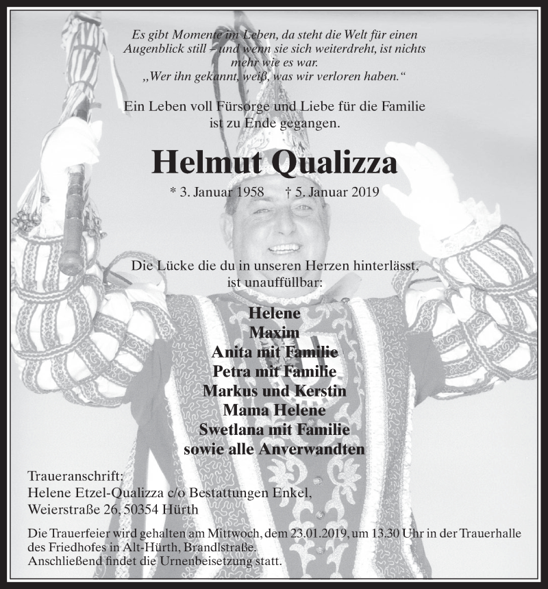  Traueranzeige für Helmut Qualizza vom 16.01.2019 aus  Wochenende 