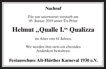 Anzeige von Helmut Qualizza von  Wochenende 