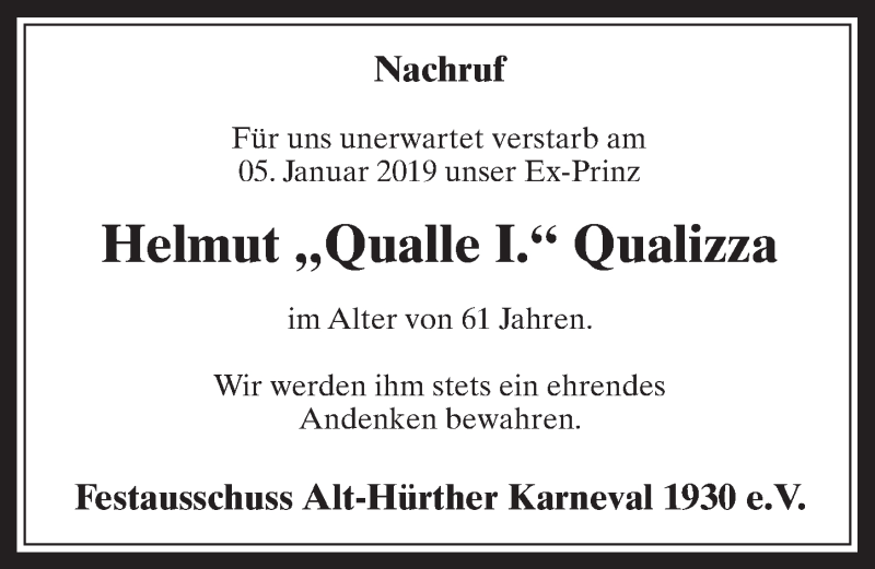  Traueranzeige für Helmut Qualizza vom 09.01.2019 aus  Wochenende 