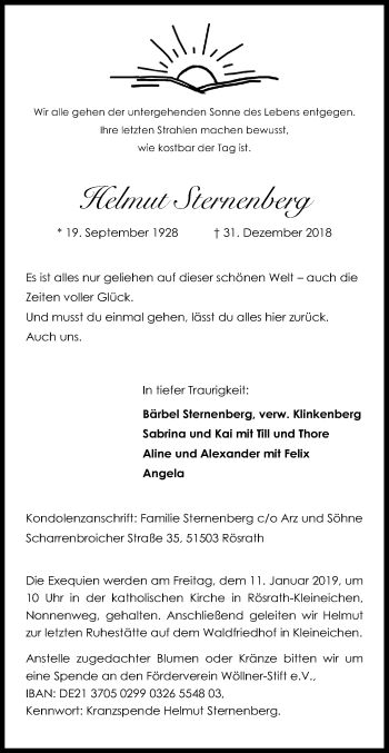 Anzeige von Helmut Sternenberg von Kölner Stadt-Anzeiger / Kölnische Rundschau / Express