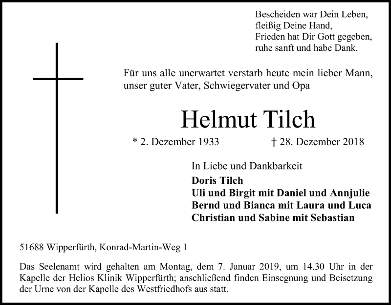  Traueranzeige für Helmut Tilch vom 03.01.2019 aus Kölner Stadt-Anzeiger / Kölnische Rundschau / Express