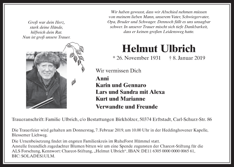  Traueranzeige für Helmut Ulbrich vom 30.01.2019 aus  Werbepost 