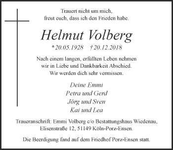Anzeige von Helmut Volberg von  Kölner Wochenspiegel 