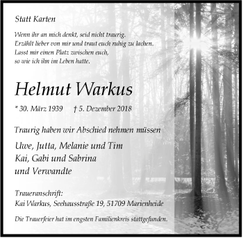 Anzeige von Helmut Warkus von  Anzeigen Echo 