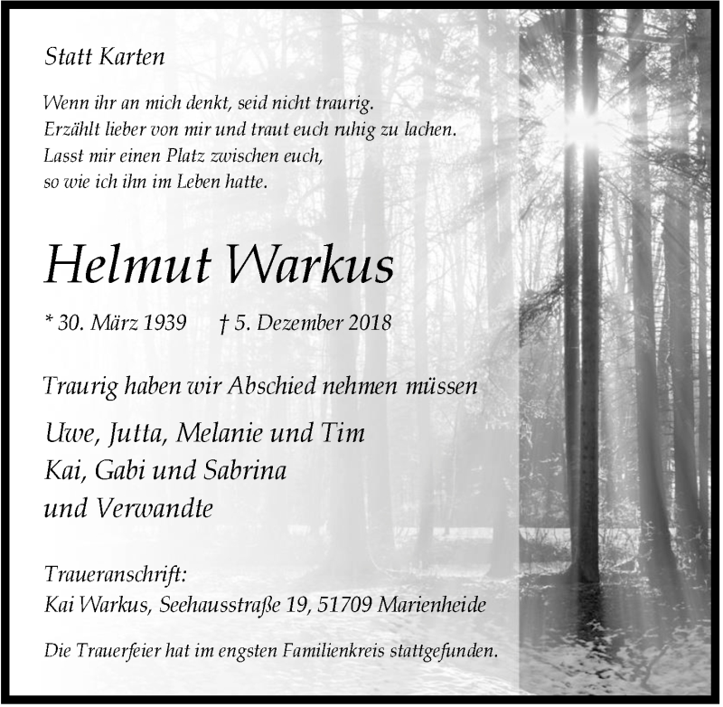  Traueranzeige für Helmut Warkus vom 09.01.2019 aus  Anzeigen Echo 