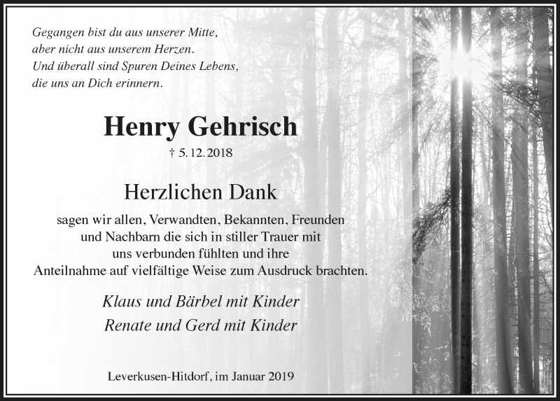  Traueranzeige für Henry Gehrisch vom 23.01.2019 aus  Lokale Informationen 