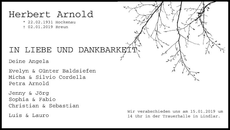  Traueranzeige für Herbert Arnold vom 08.01.2019 aus Kölner Stadt-Anzeiger / Kölnische Rundschau / Express