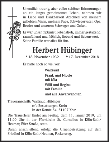 Anzeige von Herbert Hübinger von  Kölner Wochenspiegel 