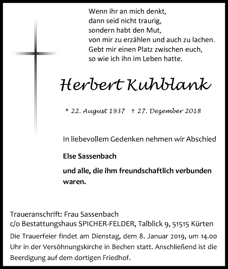  Traueranzeige für Herbert Kuhblank vom 05.01.2019 aus Kölner Stadt-Anzeiger / Kölnische Rundschau / Express