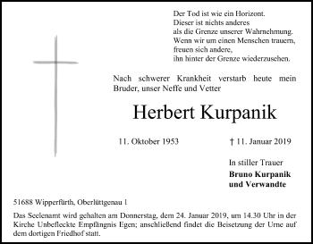 Anzeige von Herbert Kurpanik von Kölner Stadt-Anzeiger / Kölnische Rundschau / Express