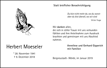 Anzeige von Herbert Moeseler von Kölner Stadt-Anzeiger / Kölnische Rundschau / Express