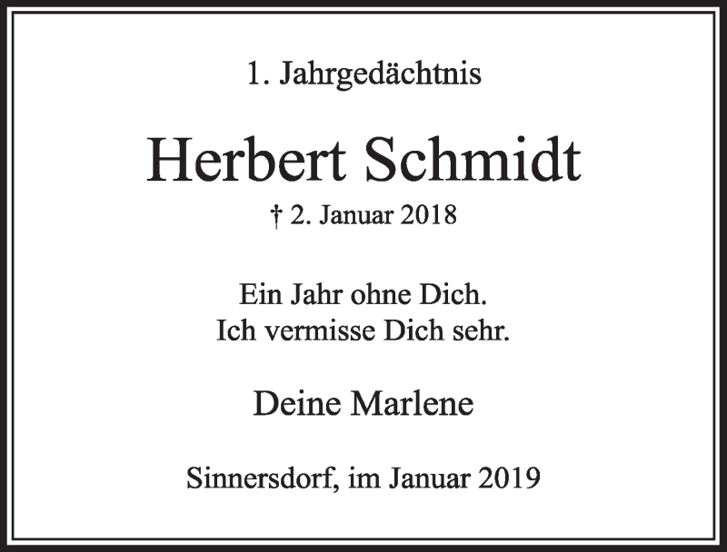  Traueranzeige für Herbert Schmidt vom 05.01.2019 aus  Sonntags-Post 
