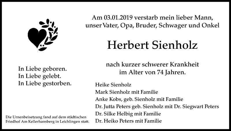  Traueranzeige für Herbert Sienholz vom 19.01.2019 aus Kölner Stadt-Anzeiger / Kölnische Rundschau / Express