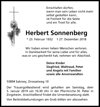 Anzeige von Herbert Sonnenberg von Kölner Stadt-Anzeiger / Kölnische Rundschau / Express