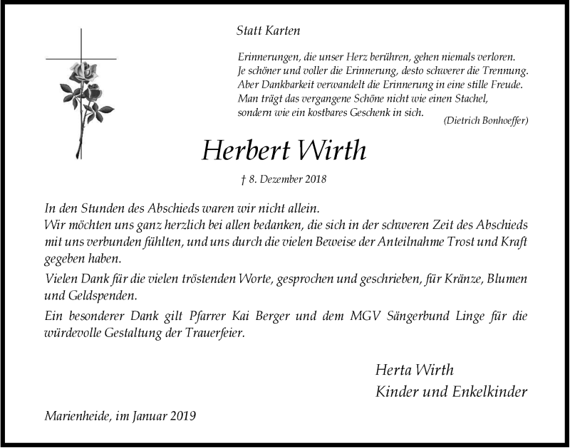  Traueranzeige für Herbert Wirth vom 30.01.2019 aus  Anzeigen Echo 