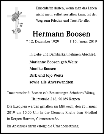 Anzeige von Hermann Boosen von Kölner Stadt-Anzeiger / Kölnische Rundschau / Express