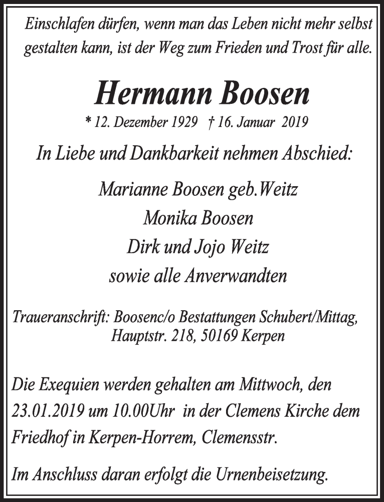  Traueranzeige für Hermann Boosen vom 19.01.2019 aus  Sonntags-Post 
