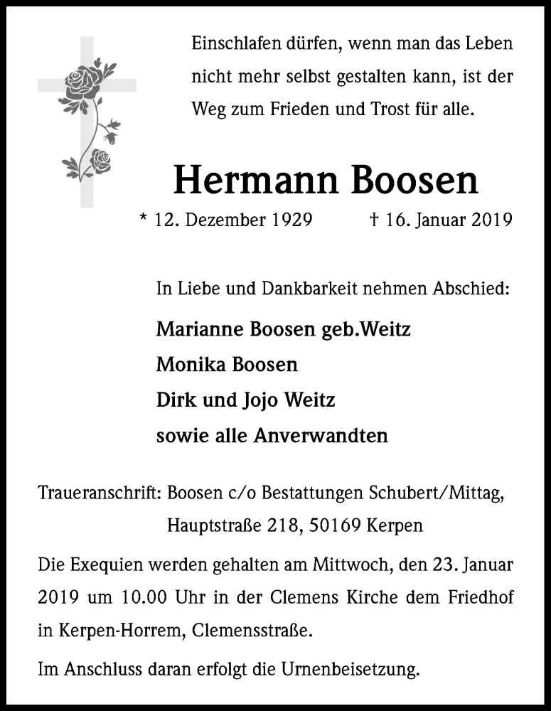  Traueranzeige für Hermann Boosen vom 19.01.2019 aus Kölner Stadt-Anzeiger / Kölnische Rundschau / Express