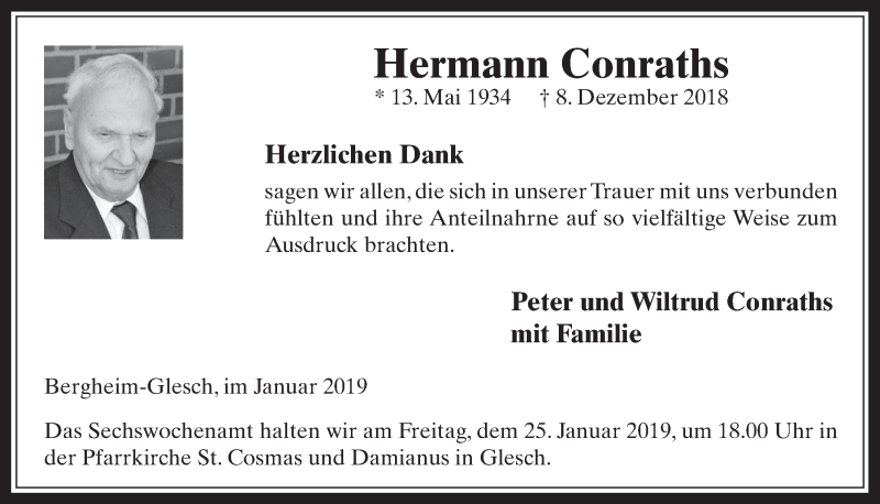  Traueranzeige für Hermann Conraths vom 23.01.2019 aus  Werbepost 