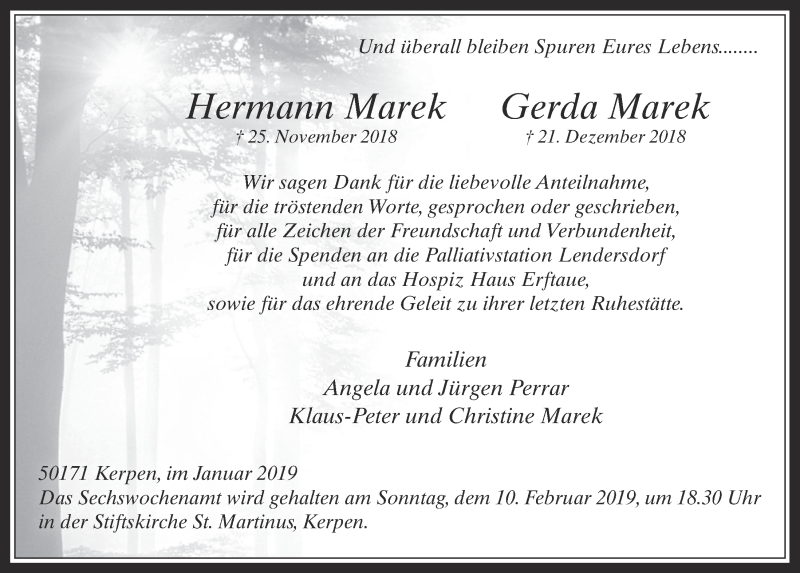  Traueranzeige für Hermann Marek vom 30.01.2019 aus  Werbepost 